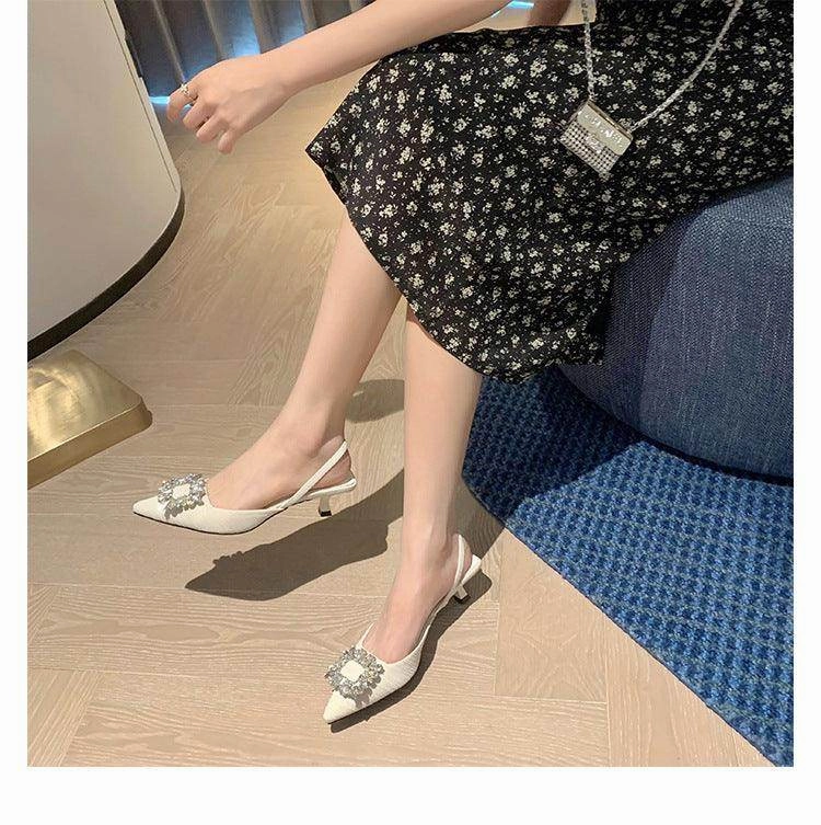 Black  Rhinestone  Ankle Strap Pointy Mid Heel Sandals 670997112279
