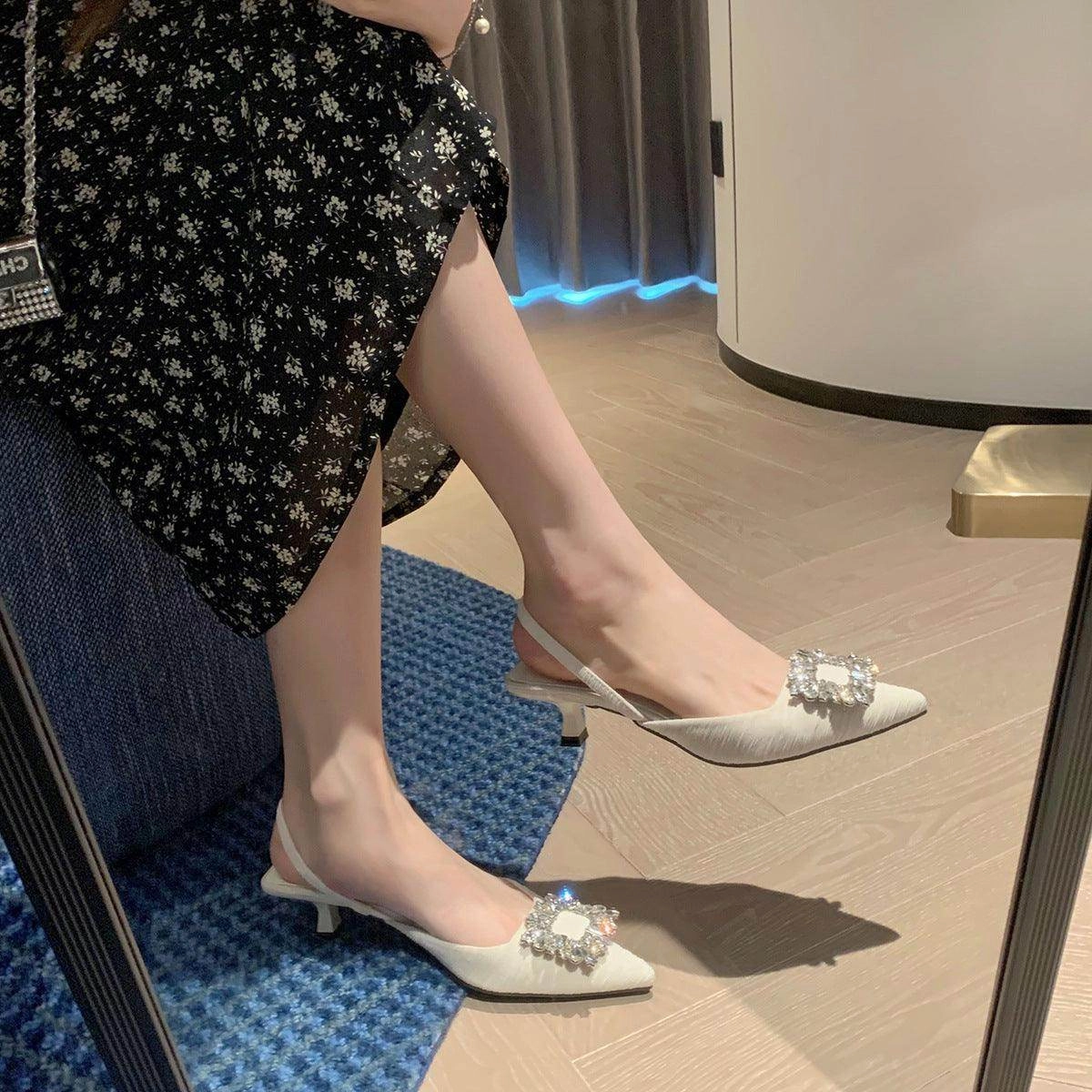Black  Rhinestone  Ankle Strap Pointy Mid Heel Sandals 670997112279