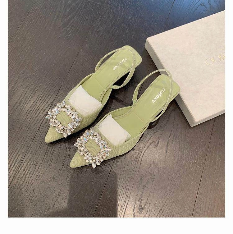 Black  Rhinestone  Ankle Strap Pointy Mid Heel Sandals 670997112279