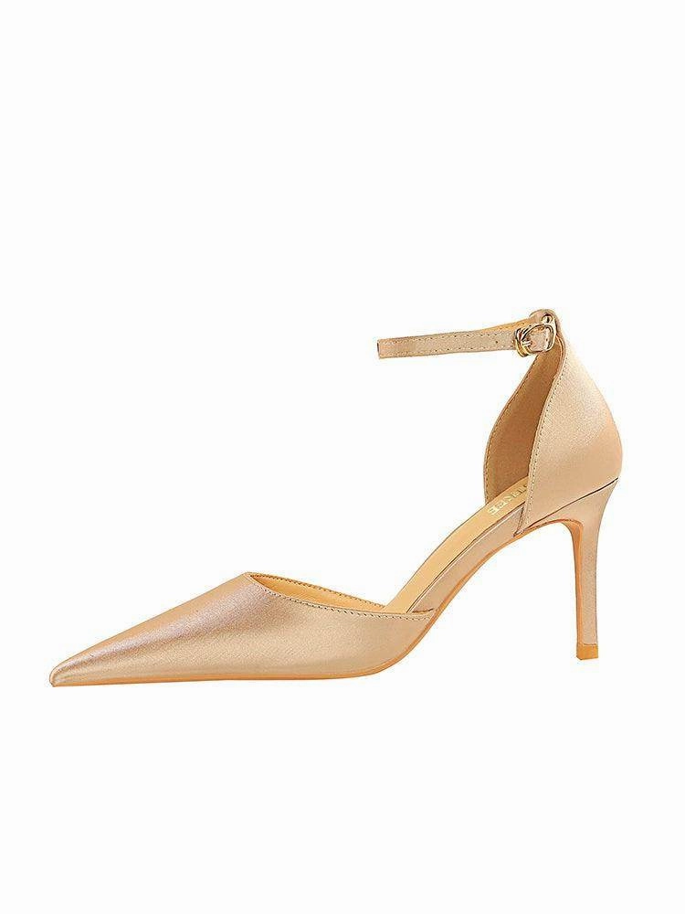 Champagne Satin Pointy Stiletto Heels  674228626275