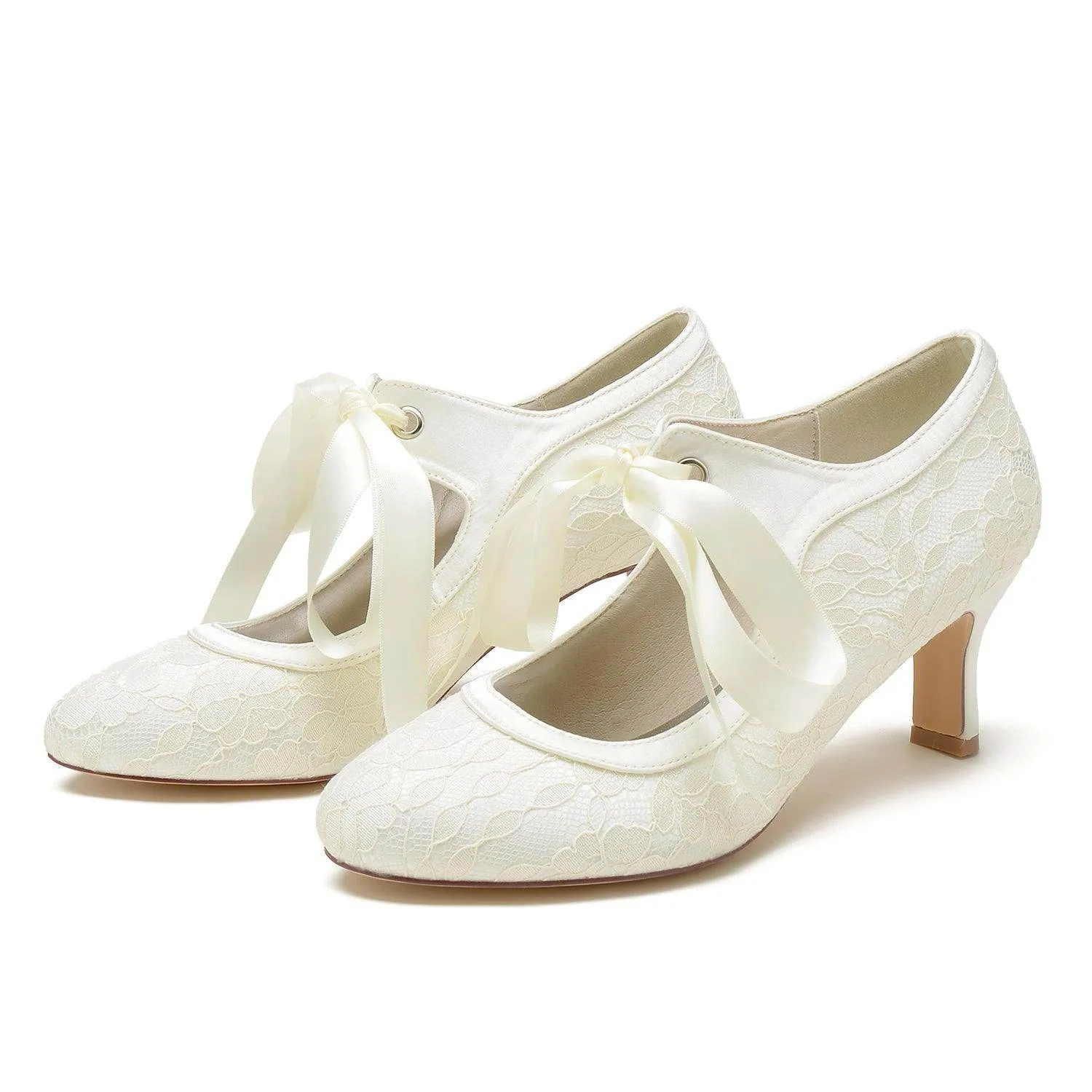 Chunky Heel 6.5cm Silk-Like Lace Shoes CK0369
