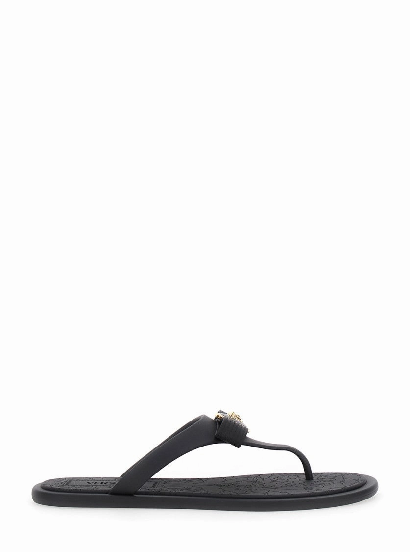 Gianni Ribbon' Black Sandals With Metallic Medusa Head