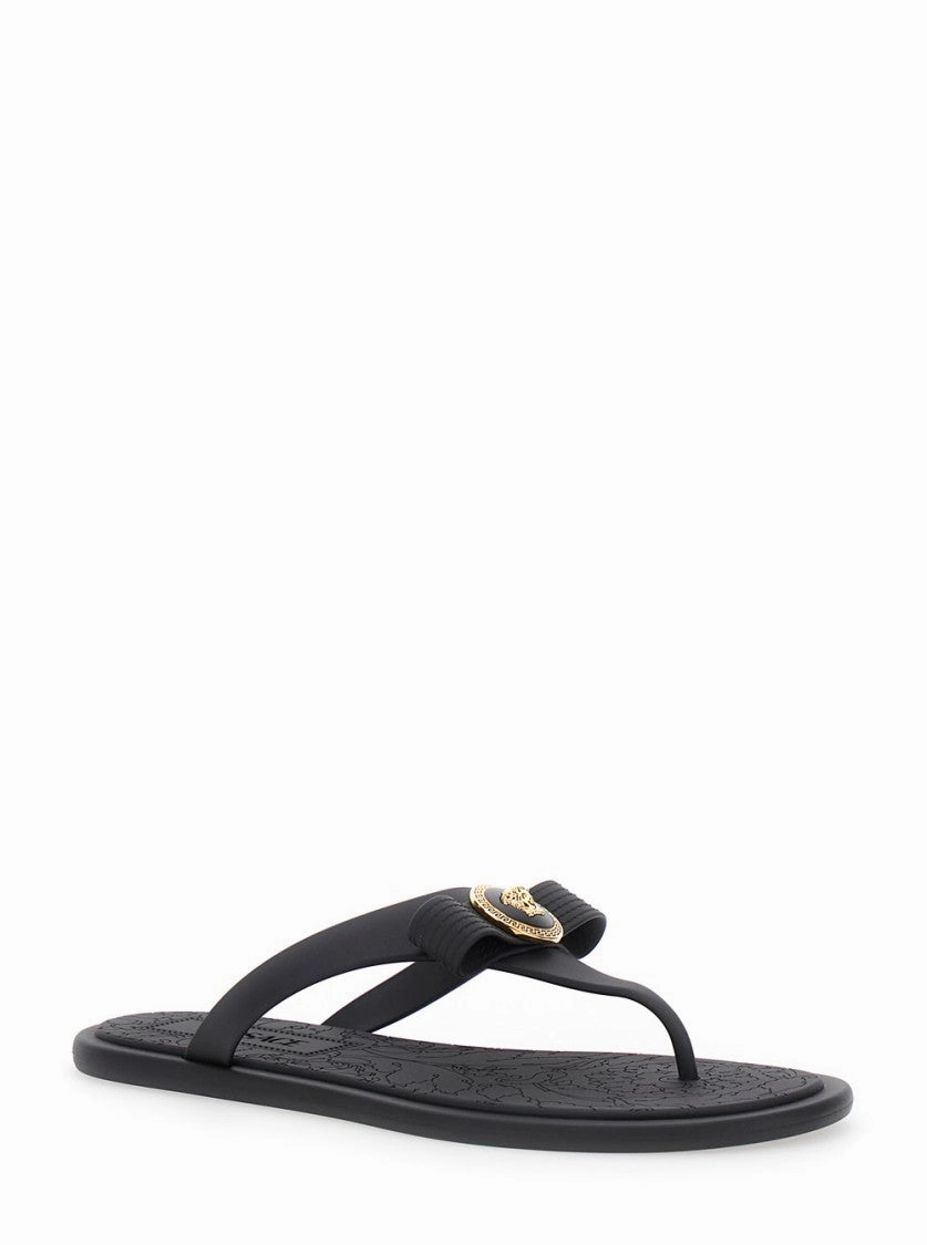 Gianni Ribbon' Black Sandals With Metallic Medusa Head