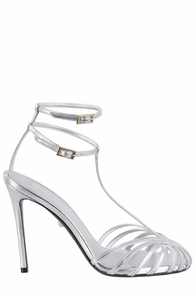 High-Heeled Silver Sandals With Cage Design