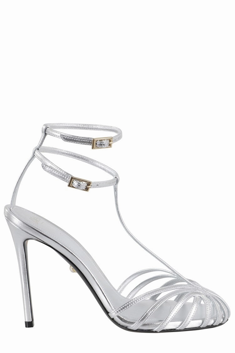 High-Heeled Silver Sandals With Cage Design