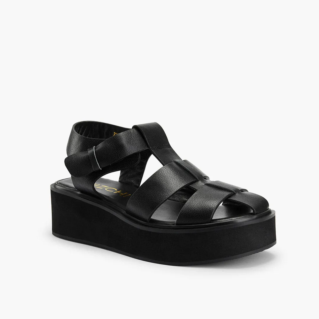 *Ingrid - Black Leather Platform Sandals
