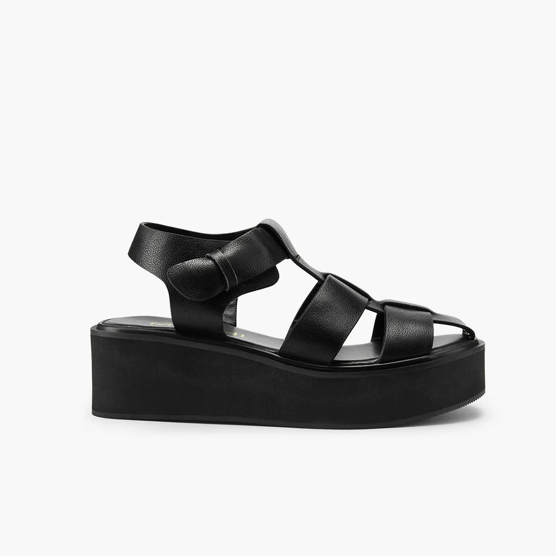 *Ingrid - Black Leather Platform Sandals