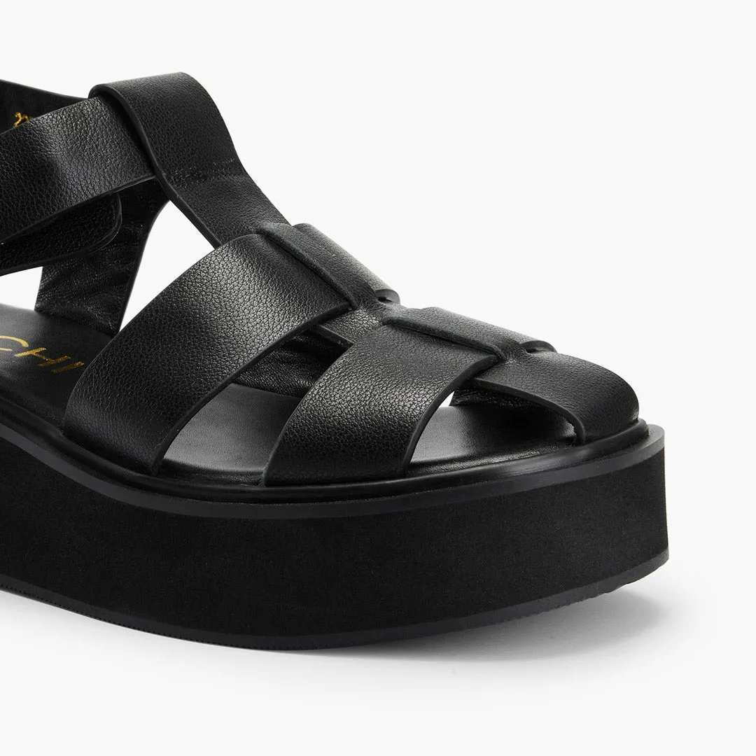 *Ingrid - Black Leather Platform Sandals