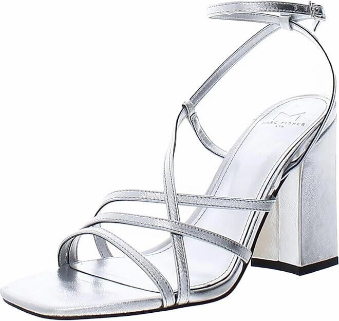 Marc Fisher LTD Edalyn Sandals Women's 7.5 Silver Ankle Strap Square Toe KHD669