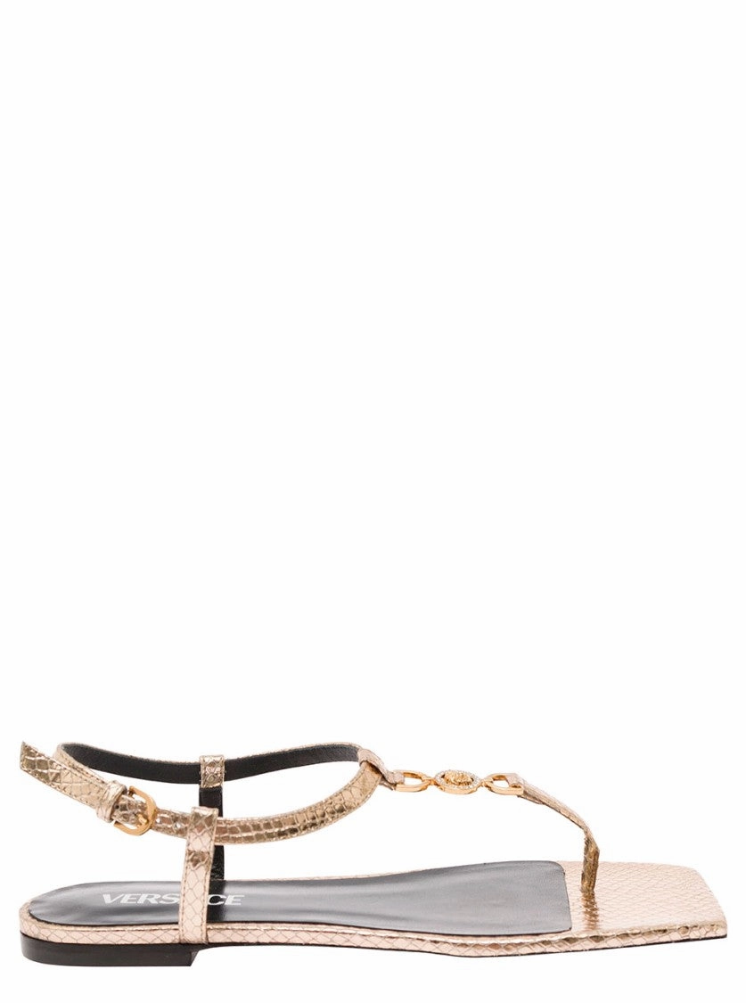 Medusa '95' Gold-Colored Low Sandals With Logo Detail In Snake-Printed Leather