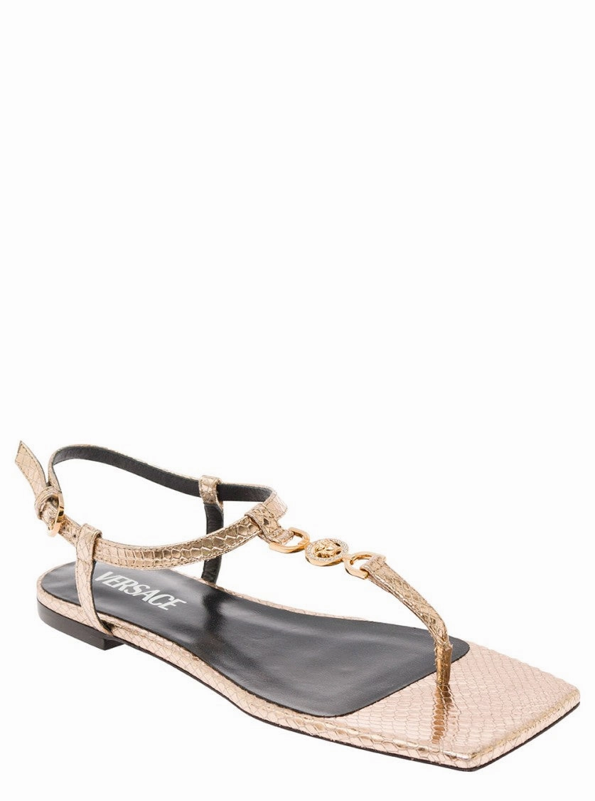 Medusa '95' Gold-Colored Low Sandals With Logo Detail In Snake-Printed Leather
