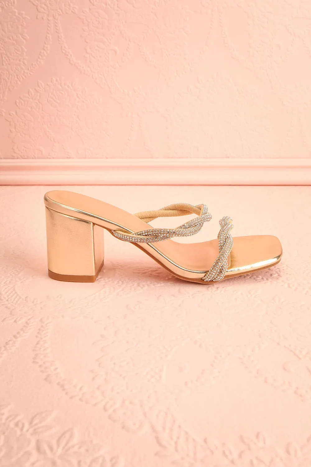 Prairie Gold | Strappy Mid Heel Sandals w/ Crystals