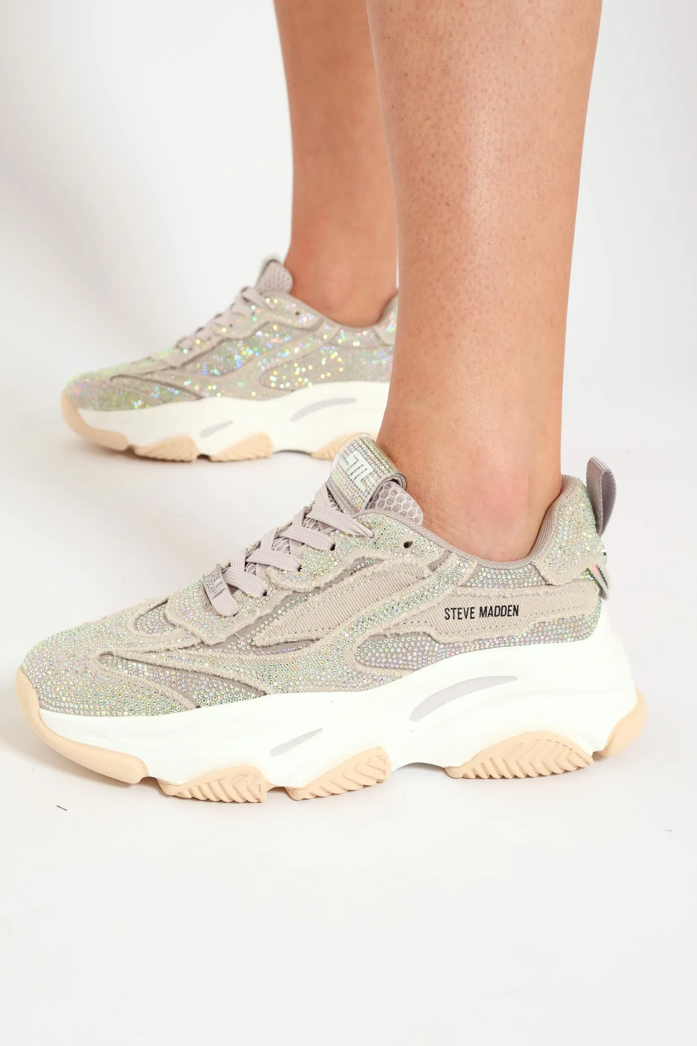 Rhinestone Lace Up Chunky Sneaker - Grey/Green
