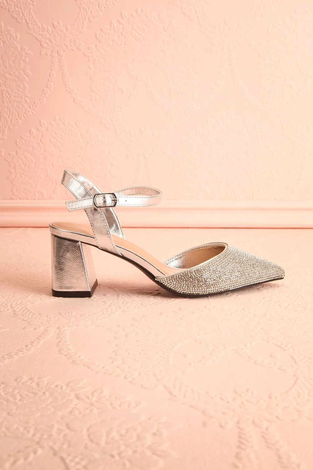 Starlight Silver |Pointed Toe Heels w/ Crystals