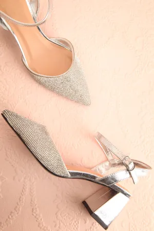 Starlight Silver |Pointed Toe Heels w/ Crystals