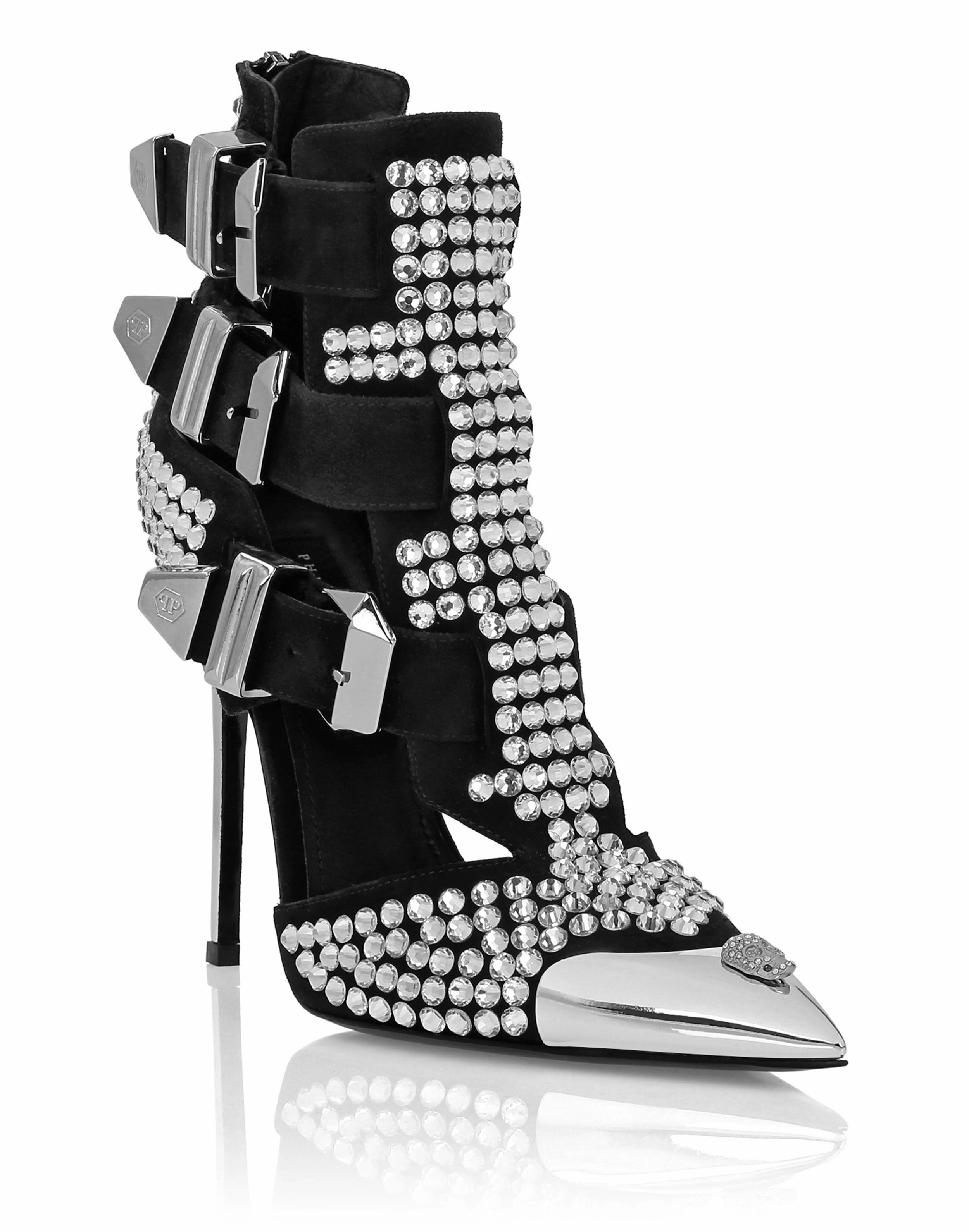 Suede Strass Sandals High Heels Skull