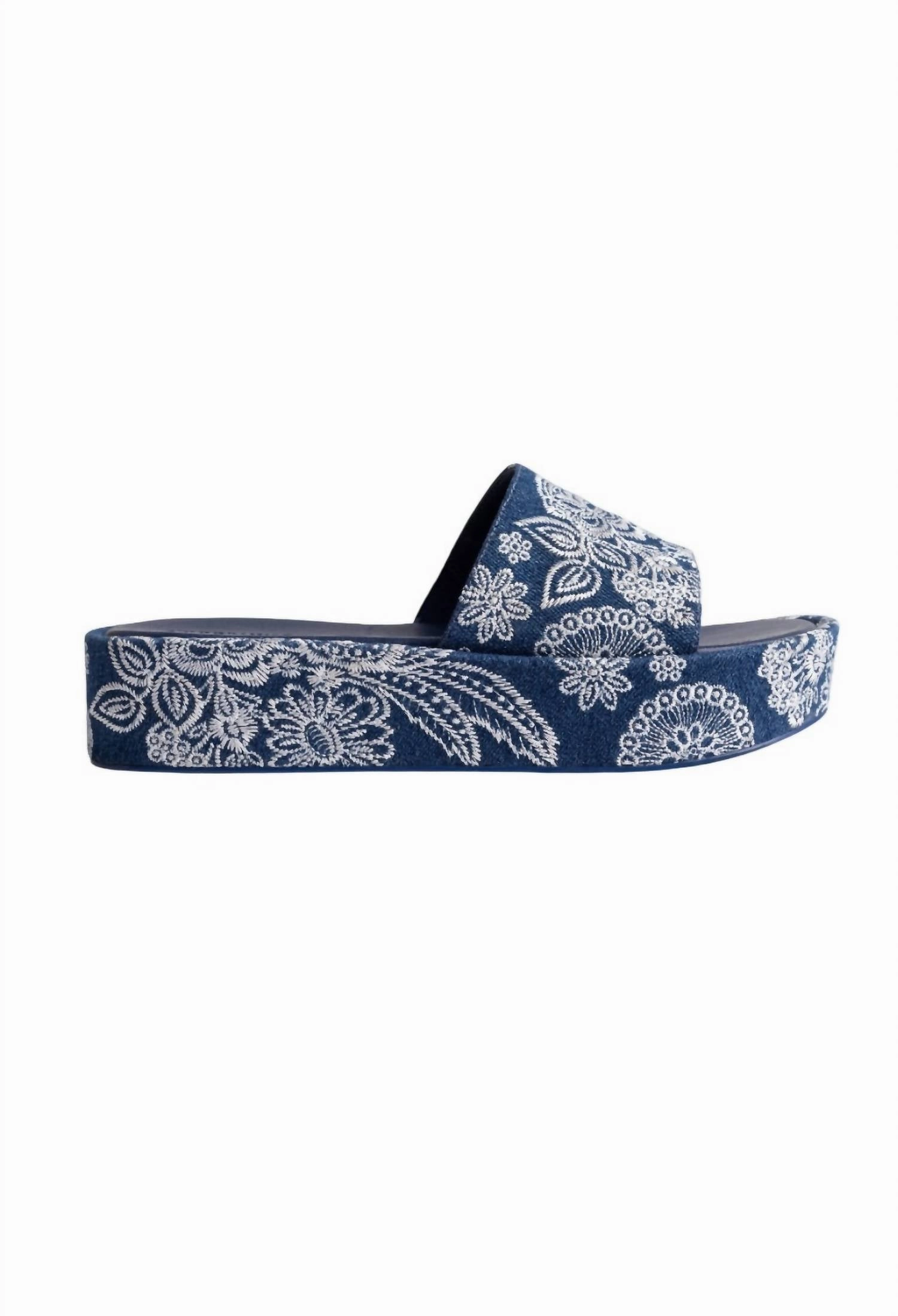 Women's Bandana Embroidered Platform Slide Sandal In Denim Blue