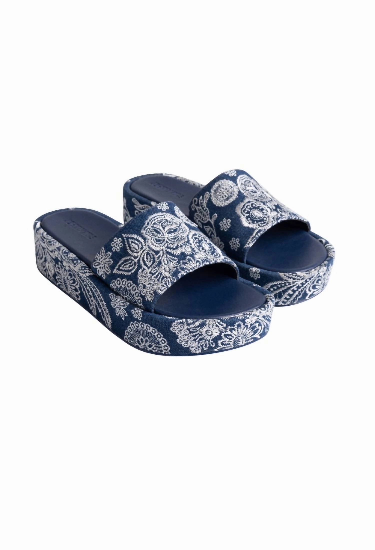 Women's Bandana Embroidered Platform Slide Sandal In Denim Blue